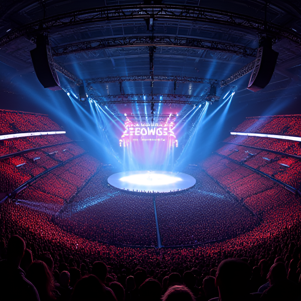 An aerial or wide shot of the St. Jakobshalle arena in Basel, Switzerland, potentially showing the stage setup or a large crowd, conveying the scale and excitement of the Eurovision Song Contest venue.