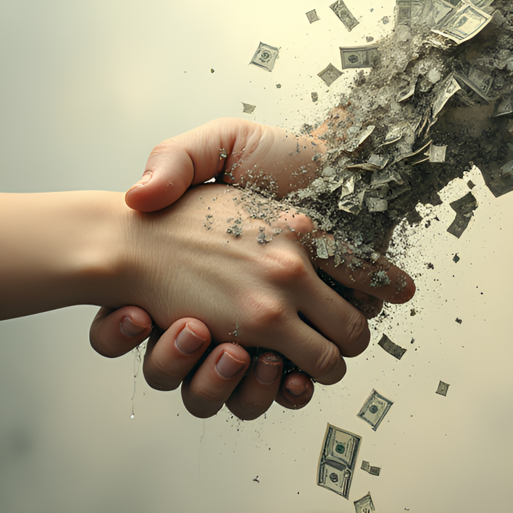 Conceptual image showing the negative impact of social welfare fraud on society, possibly with intertwined hands representing solidarity being frayed or broken, and abstract representations of money flowing away from where it is needed.