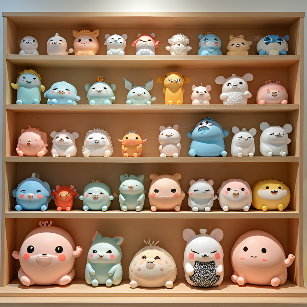 A well-organized display shelf showcasing a collection of various Labubu figures from different series and colors, highlighting their unique designs and poses.