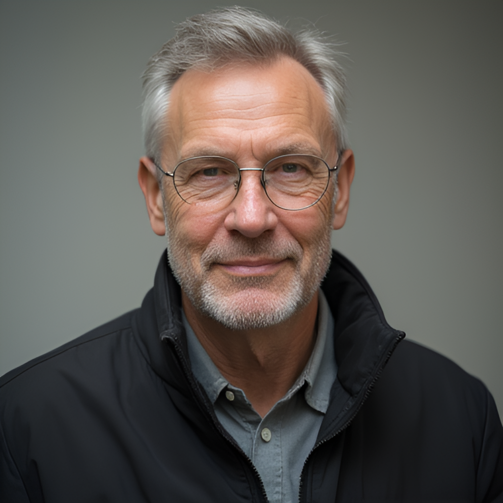A solemn, respectful photo-realistic portrait of a man resembling Karl Dürtscher (based on publicly available images), perhaps with a slight smile or thoughtful expression, against a neutral, soft-focus background. Style: Portrait photography, respectful tone.