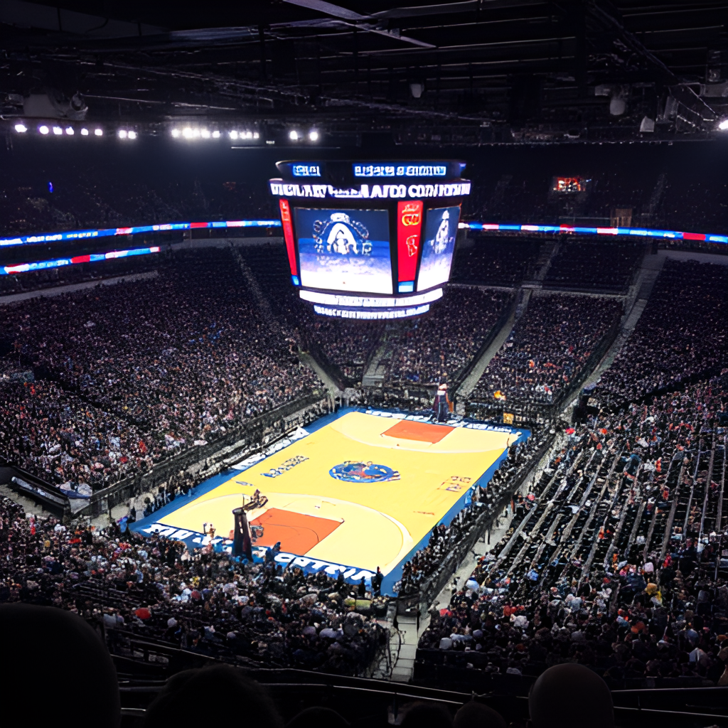 An aerial shot of the Target Center or Paycom Center during a Minnesota Timberwolves vs. Oklahoma City Thunder game, capturing the energy of the crowd and the scale of the arena.