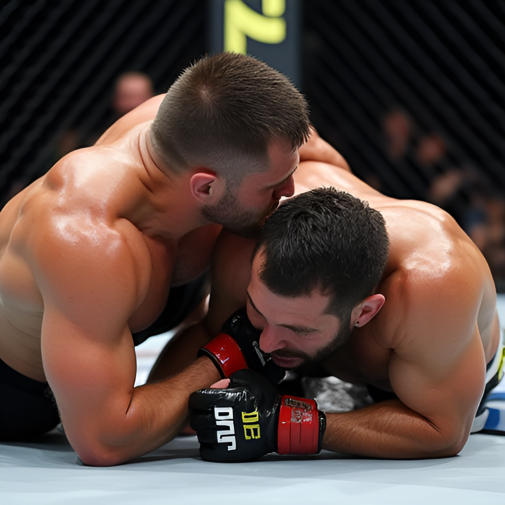 A dynamic close-up of two MMA fighters grappling on the canvas inside the Octagon, showcasing the intensity and technical skill involved in ground fighting, with sweat and effort visible.