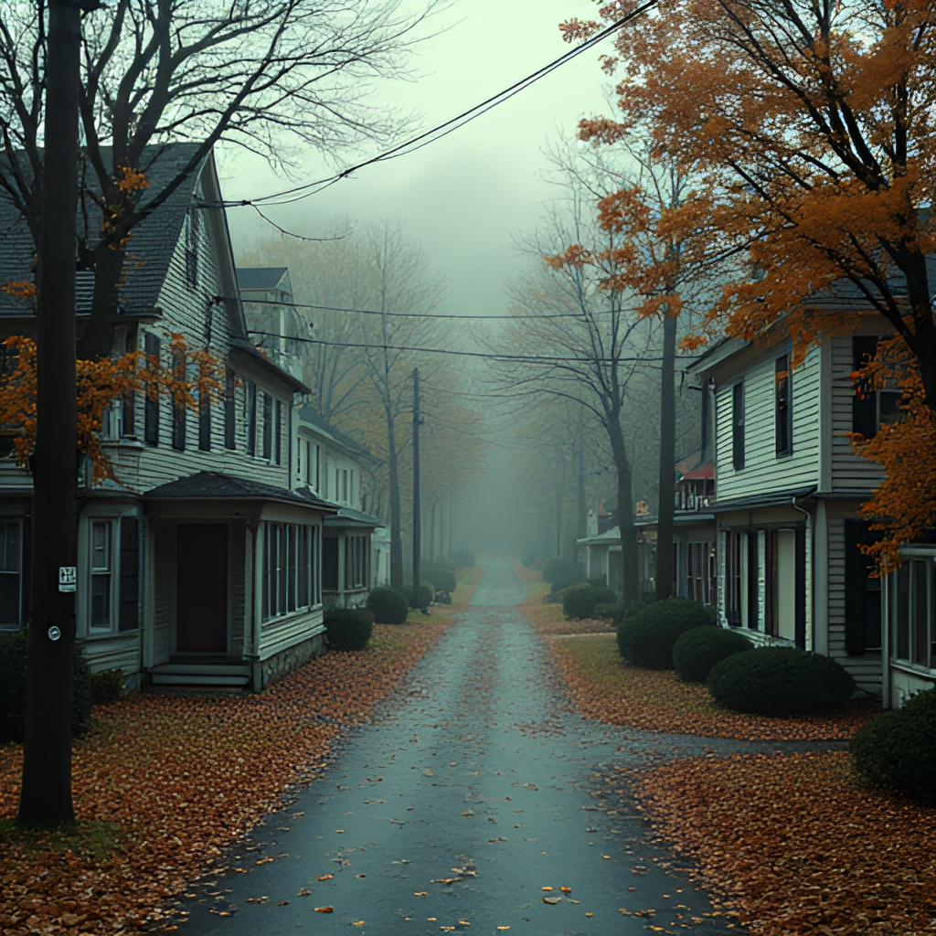 An image depicting the picturesque but slightly unsettling town of Wellsbury, Massachusetts, maybe with autumn leaves and a hint of mystery or tension in the atmosphere. Style: Slightly moody, small-town Americana feel