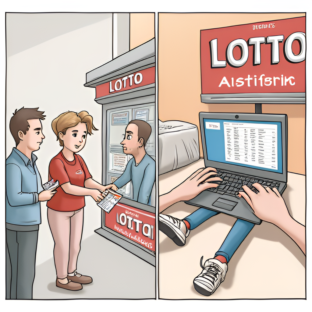 A split image showing two scenes: on one side, a person handing a Lotto ticket to a staff member at a traditional Austrian 'Trafik' (newsstand); on the other side, a person comfortably playing Lotto on a laptop or smartphone screen, representing the contrast between offline and online play, illustrated style