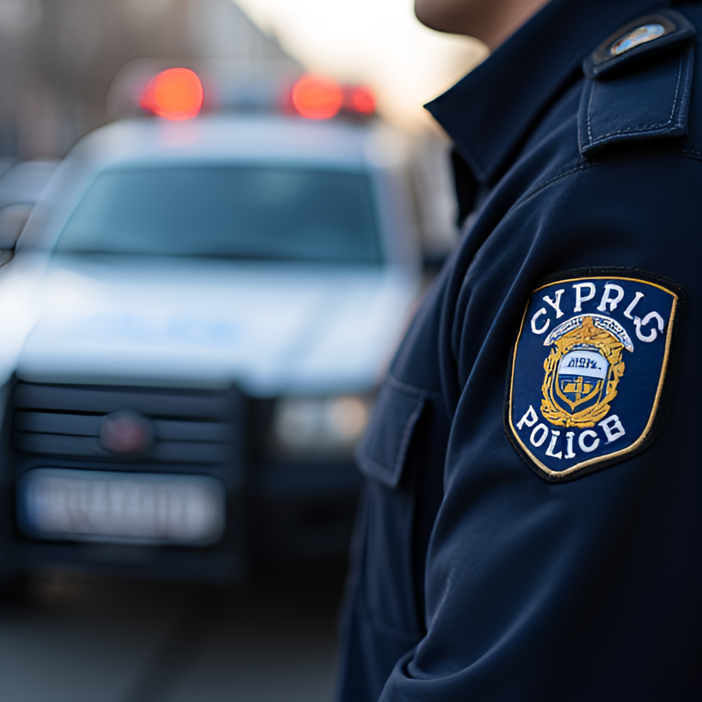 A photo-realistic close-up image focusing on a Cyprus police officer's badge or uniform detail, with a slightly blurred background showing a police vehicle.