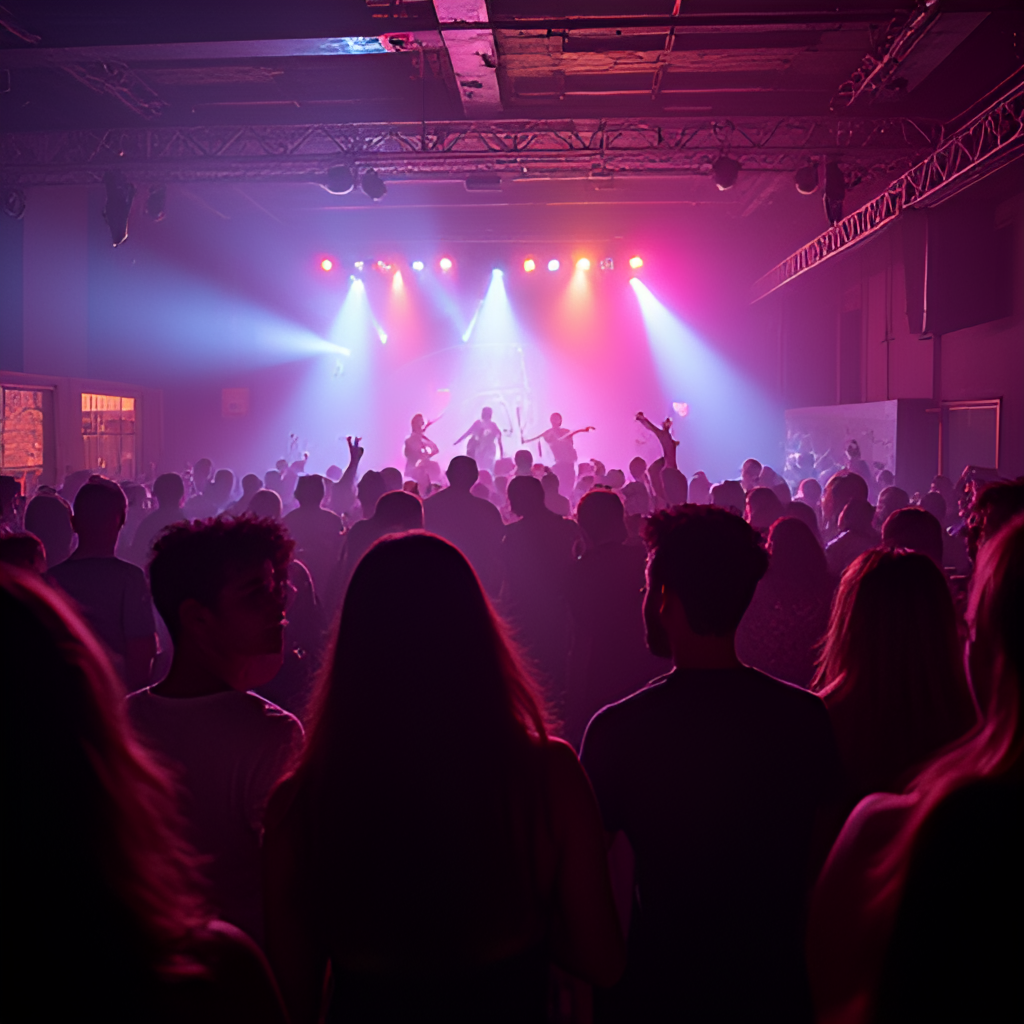 An energetic image of a Bushwick nightlife venue, perhaps showing a dance floor, stage lights, or a bar with a diverse crowd enjoying music and drinks.