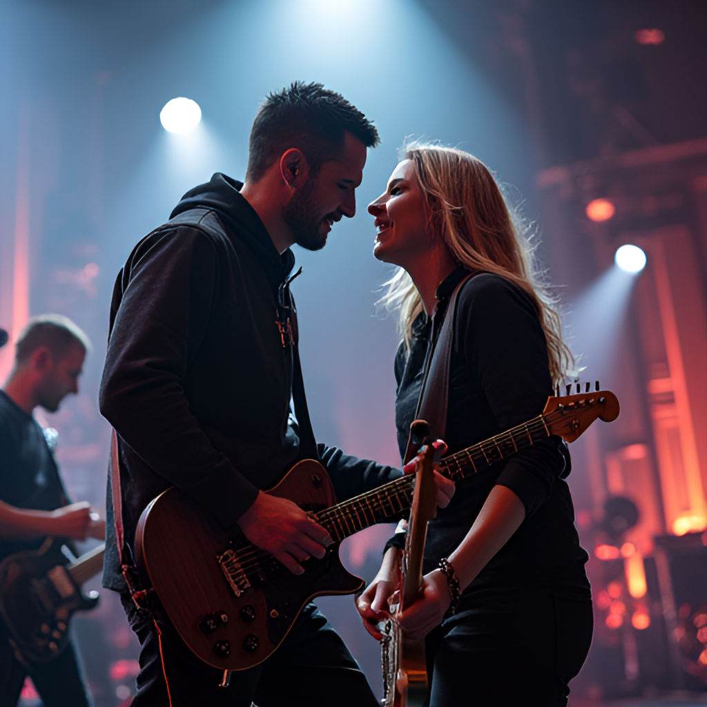 A close-up shot of the Linkin Park band members performing on stage, focusing on the energy and interaction between the musicians, including Mike Shinoda and Emily Armstrong, with dynamic lighting and stage design in the background.