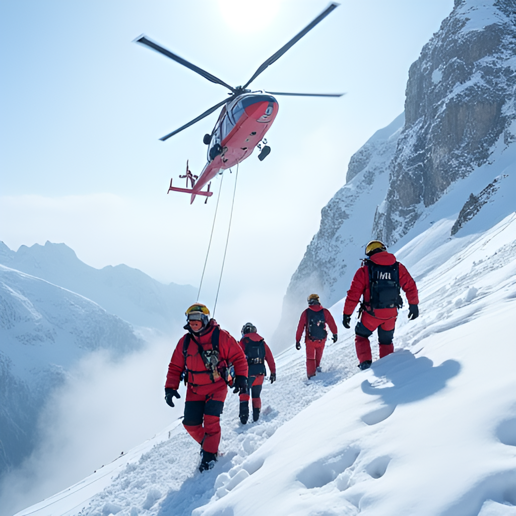 A realistic depiction of a mountain rescue team in action near the Großglockner, possibly with a helicopter performing a winch rescue or rescuers navigating difficult, snowy or rocky terrain. The focus should be on the professionalism and challenge of the rescue operation.