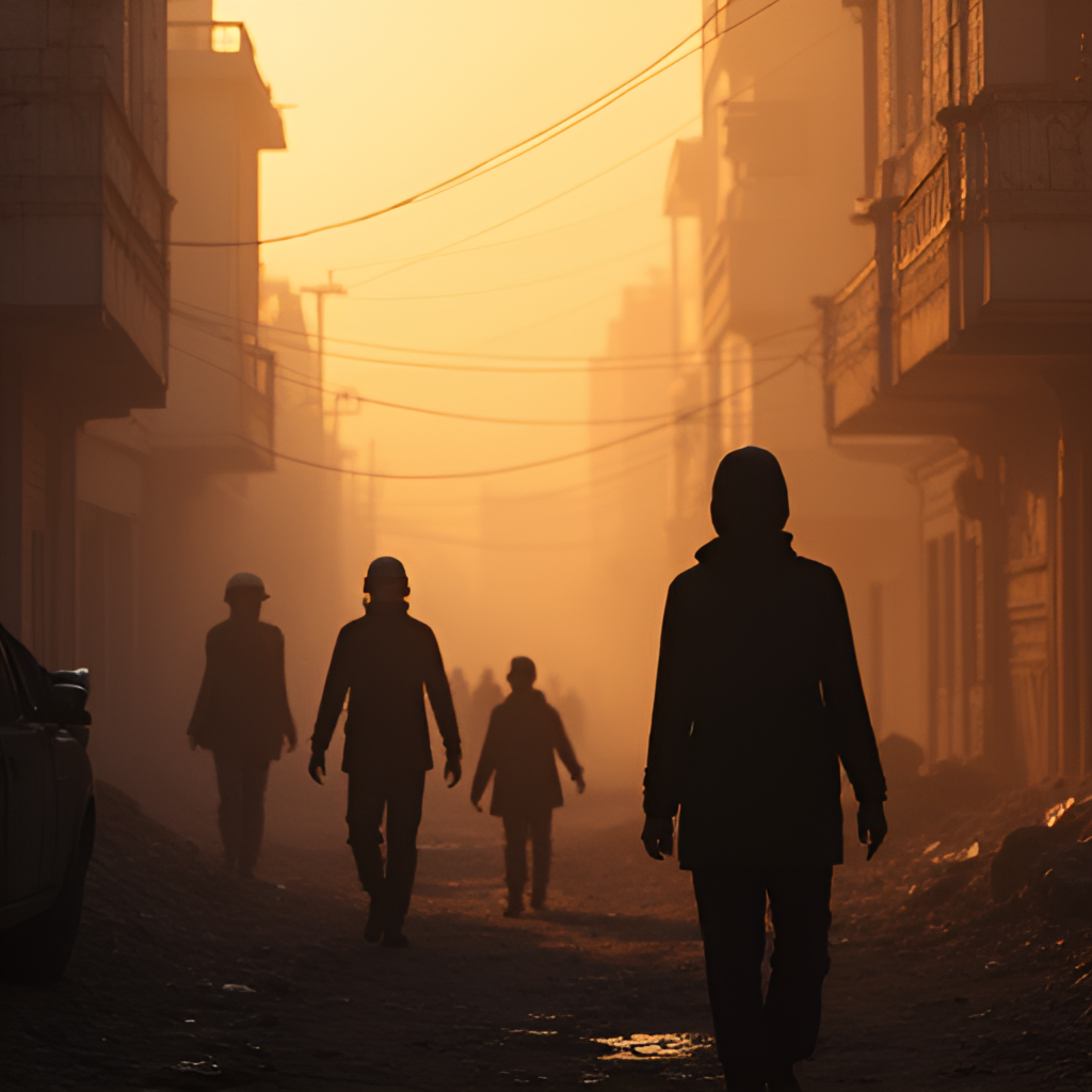 A poignant image illustrating the impact of the conflict on civilians, potentially showing silhouettes of people against a backdrop of warning sirens or damaged buildings, conveying a sense of anxiety and vulnerability without showing graphic violence.