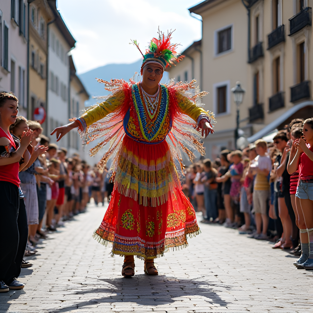 A vibrant street scene during the OLALA street theater festival in the pedestrian zone of Lienz, with colorful performers and many smiling people watching, conveying a lively, festive atmosphere.