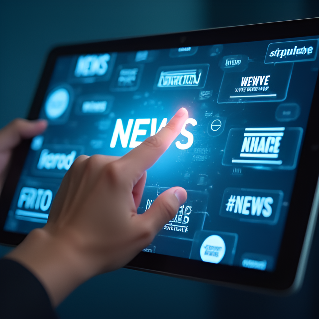A hand pointing towards a diverse selection of news sources displayed on a digital interface (tablet or computer screen), including logos of reputable news outlets, symbolizing the act of choosing trusted sources and navigating information wisely. The image should feel informative and empowering.