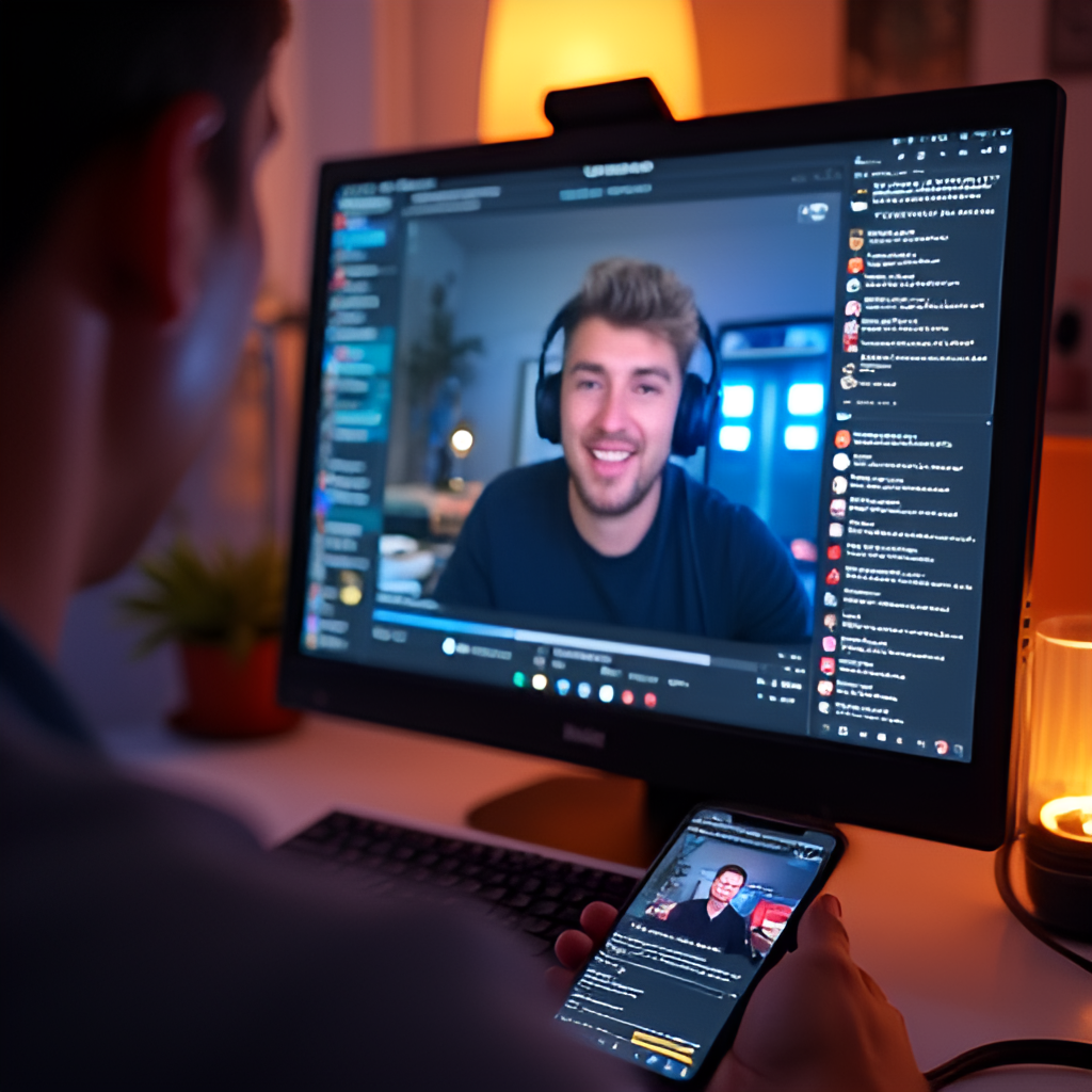 A close-up shot from the perspective of a viewer looking at a Twitch stream on a computer or phone screen. The screen shows a streamer's face and gameplay (or Just Chatting scene), with a lively chat overlay visible on the side, filled with diverse user icons and emotes. The environment around the screen is cozy and relaxed, suggesting home viewing.