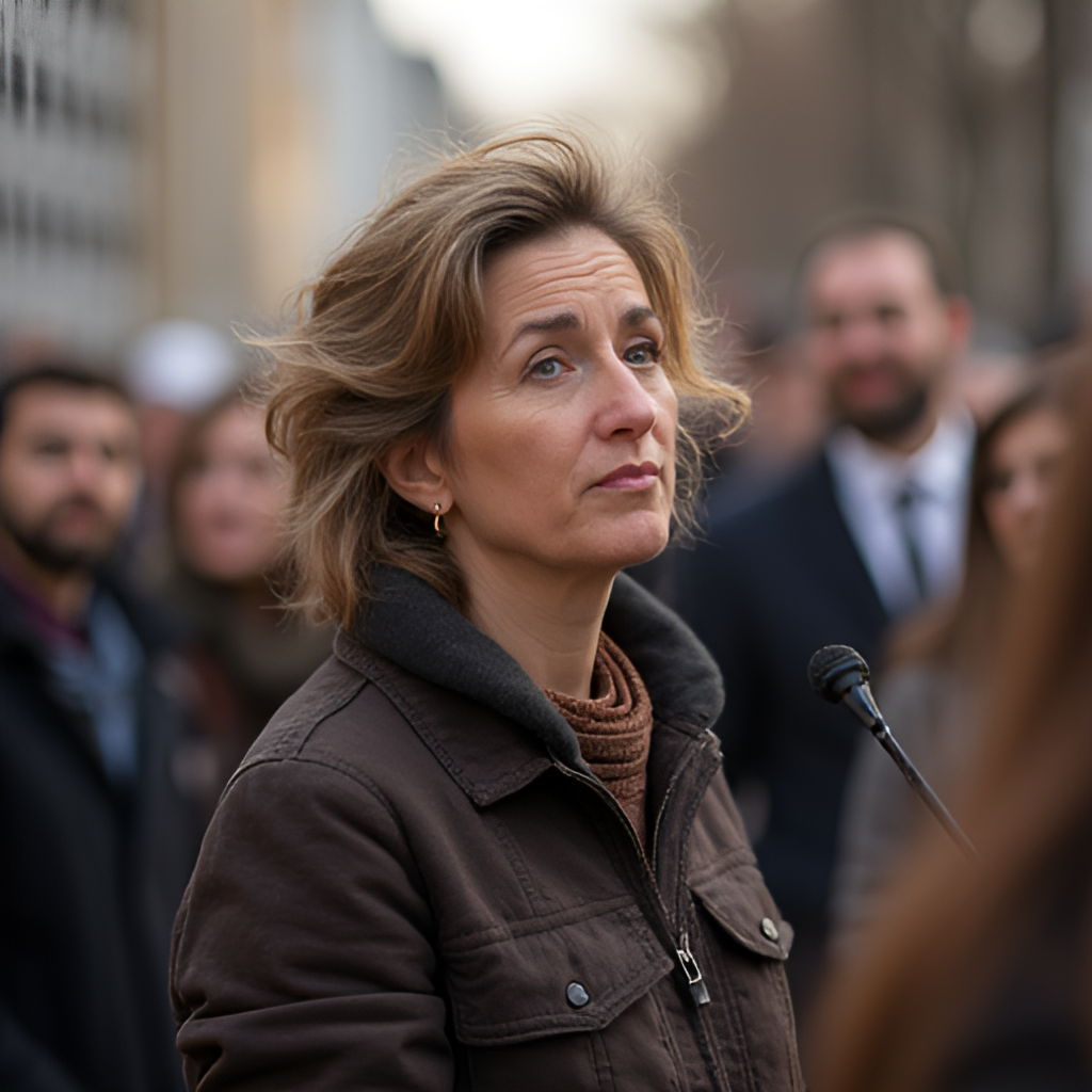 A thoughtful, candid shot of Iris Berben participating in a public event against antisemitism or for tolerance, perhaps speaking at a podium or engaging with people, conveying her passion and commitment, with a warm, natural light and respectful composition.